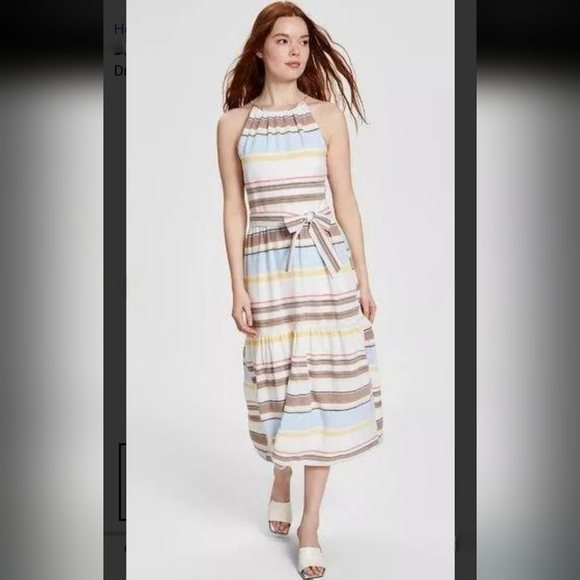 DKNY Cotton Halter Neckline Belt Sleeveless Midi Ivory Multicolor Dress Size 18W - Picture 10 of 12